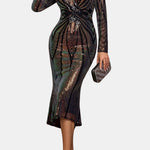 Halle – Plunging V-Neck Sequin Midi Party Dress in Green
