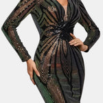 Halle – Plunging V-Neck Sequin Midi Party Dress in Green