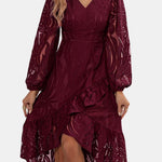 Lakelynn – Ruffled Lace V-Neck Midi Dress with Statement Sleeves