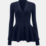 Lia – Solid V-Neck Puff Hem Sweater Cardigan