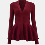Lia – Solid V-Neck Puff Hem Sweater Cardigan