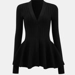 Lia – Solid V-Neck Puff Hem Sweater Cardigan