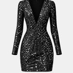 Malaya – Deep V Sequin Evening Dress with Long Sleeves