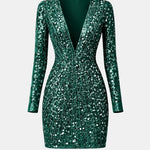 Malaya – Deep V Sequin Evening Dress with Long Sleeves