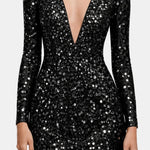 Malaya – Deep V Sequin Evening Dress with Long Sleeves