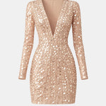 Malaya – Deep V Sequin Evening Dress with Long Sleeves