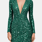 Malaya – Deep V Sequin Evening Dress with Long Sleeves