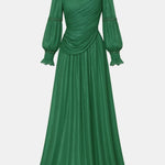 Stephanie – Beaded Trim Draped Long Sleeve Maxi Dress
