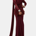 Taya – Asymmetric Draped Cape Gown in Burgundy