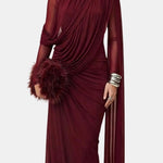 Taya – Asymmetric Draped Cape Gown in Burgundy