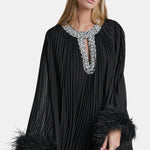 Virelia - Diamante Feathered Pleated Maxi Chiffon Cocktail Dress