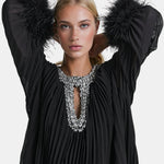 Virelia - Diamante Feathered Pleated Maxi Chiffon Cocktail Dress