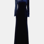 Winnie – Crystal Embellished Velvet Long Dress in Dark Blue